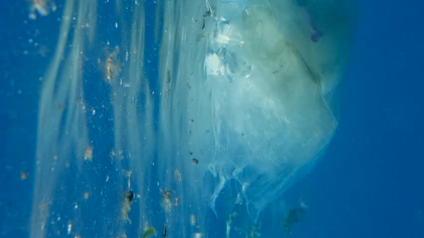 VERTICAL VIDEO, Close-up of a lot of plastic debris slowly drifting under surface of blue water. Plastics bags and cups and other garbage swims underwater. Plastic pollution of Ocean. Slow motion | Shutterstock HD Video #1100031745