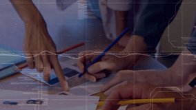 Animation of data processing over mid section of team of designer discussing over color swatches. Business data technology concept - Powered by Shutterstock - Get 15% off with code: PIKWIZARD15