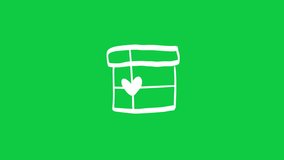 Valentine Gift Box Animated Sticker, Outline Doodle Hand Drawn Style. Valentine's Day Scribble Grunge Icon Concept on Green Screen Background. 4k Ultra HD Video Motion Graphic Animation.