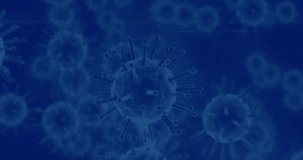 Animation of world map over blue background with virus cells. Global pandemic, health, finance and connections concept digitally generated video.