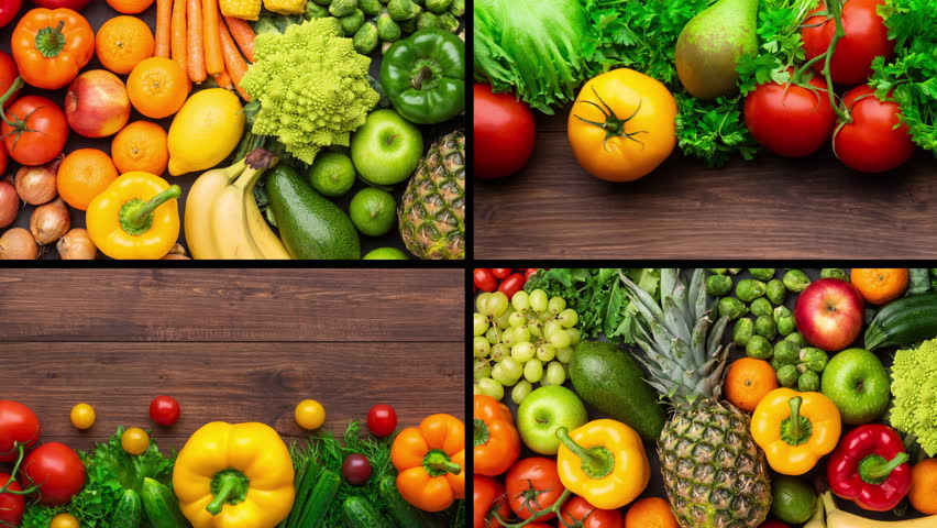 Healthy eating ingredients: fresh vegetables, fruits and superfood. The concept of nutrition, diet, vegan food. Concrete background | Shutterstock HD Video #1100036421