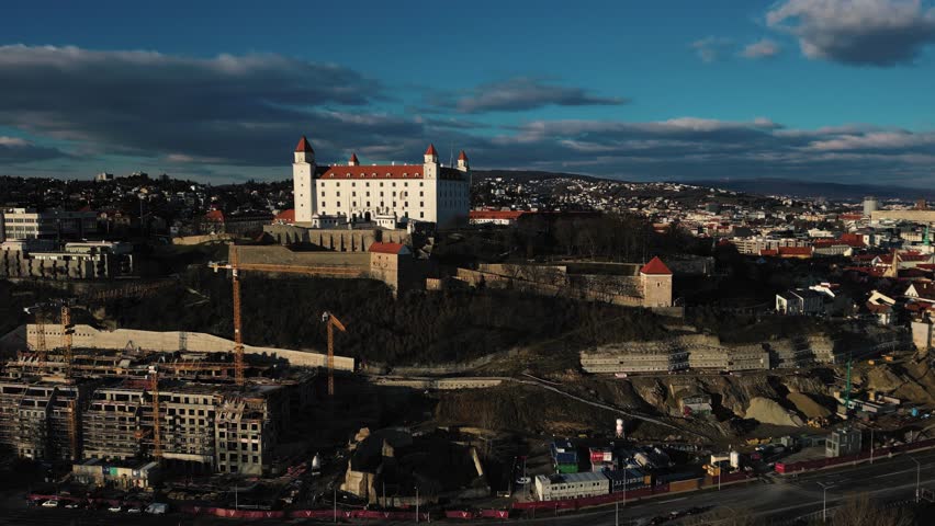Stunning aerial view of Bratislava Castle, amazing landmark of Slovak capital 4k