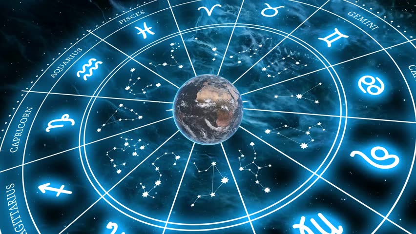 Astrological wheel with 12 Signs of horoscope. Astrology stars and earth on wheel Video. Space Galaxy 4k video | Shutterstock HD Video #1100040983