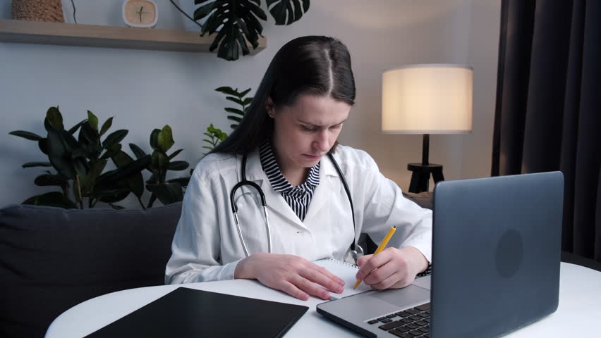 Serious young female doctor therapist sitting at desk in office prepare report write notes to case history sheets. Concentrated woman medic focused on work make records by hand. Medical worker concept | Shutterstock HD Video #1100041753