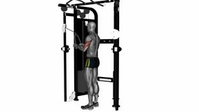 tricep rope extension on crossover machine fitness workout animation male muscle highlight demonstration at 4K resolution 60 fps crisp quality for websites, apps, blogs, social media etc.