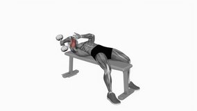 Dumbbell Lying One Arm Supinated Triceps Extension fitness workout animation male muscle highlight demonstration at 4K resolution 60 fps crisp quality for websites, apps, blogs, social media etc.