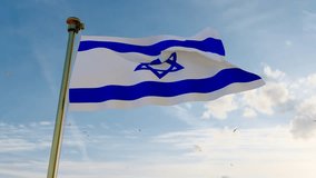 Flag of israel waving in the wind, sky and sun background. israel Flag Video. Realistic Animation, 4K UHD.