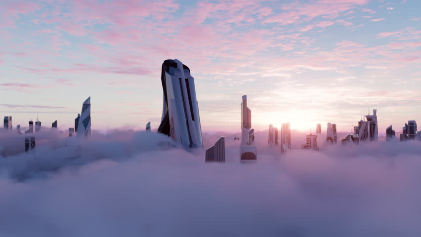 Futuristic City in the clouds with high tech building at cloud level and sunset sky, aerial view, 3d render Royalty-Free Stock Footage #1100049099