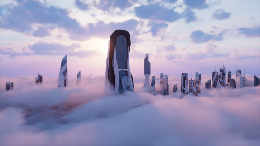 Futuristic City in the clouds with high tech building at cloud level and sunset sky, aerial view, 3d render Royalty-Free Stock Footage #1100049105