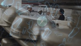 Animation of bacteria cells over diverse chefs talking. global business and digital interface during covid 19 pandemic concept digitally generated video. - Powered by Shutterstock - Get 15% off with code: PIKWIZARD15
