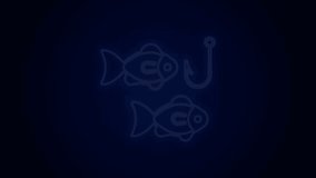 Glowing neon line Fishing hook under water with fish icon isolated on black background. Fishing tackle. 4K Video motion graphic animation.