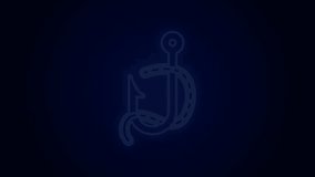 Glowing neon line Fishing hook and worm icon isolated on black background. Fishing tackle. 4K Video motion graphic animation.