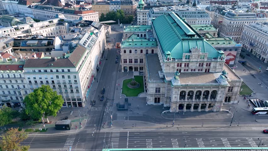 Aerial view of famous Vienna Opera house (Wiener Staatsoper) and the Art Gallery museum in historic center of city - landscape panorama of Austria from above, Europe