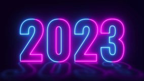 Happy new year 2023 text. 3D render neon glowing laser line animation. Seamless loop