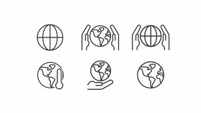 Animated save earth linear icons. Planet conservation. Prevent global warming. Seamless loop HD video with alpha channel on transparent background. Outline motion graphic animation