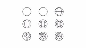 Animated globe model linear icons. Earth satellite. Map of world. Geography and astronomy. Seamless loop HD video with alpha channel on transparent background. Outline motion graphic animation