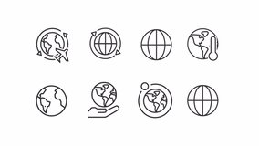 Animated globe linear icons. Online communication. World travelling. Moon and earth. Seamless loop HD video with alpha channel on transparent background. Outline motion graphic animation