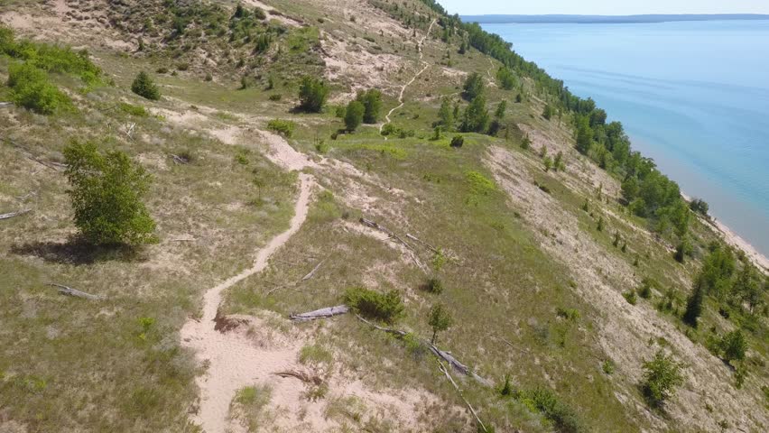 Aerial footage of Sand Dunes along Lake Michigan coast