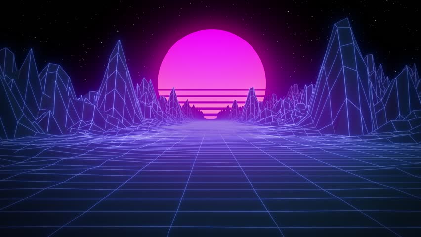 Trendy retro futuristic pink and blue neon lights 3d road among mountains with sun on background. 3D render. Retrowave VJ videogame landscape, neon lights and low poly terrain grid. Seamless loop.	
 Royalty-Free Stock Footage #1100059091