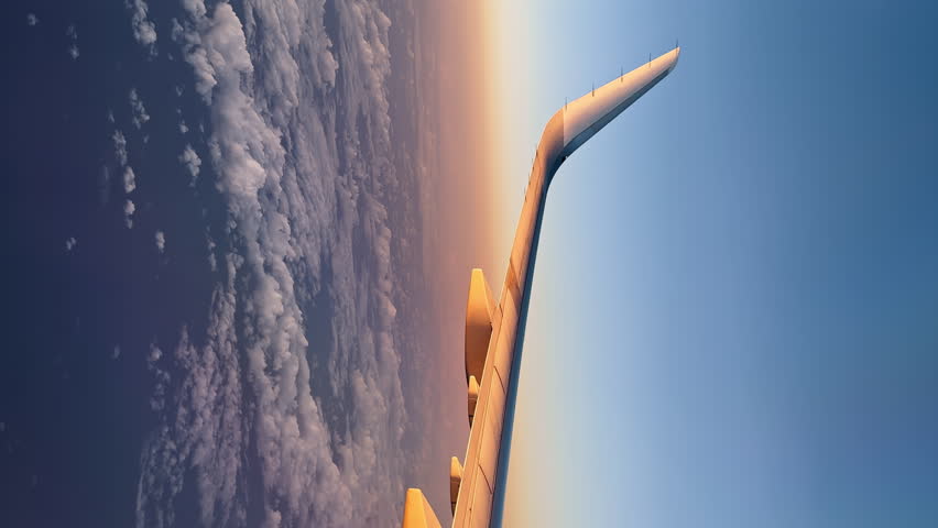 Vertical view of rose golden sunrise or sunset light and clouds seen through airliner window in morning or evening. Aerial view of cloudscape in dawn through plane window. Smooth flight passenger view Royalty-Free Stock Footage #1100059167