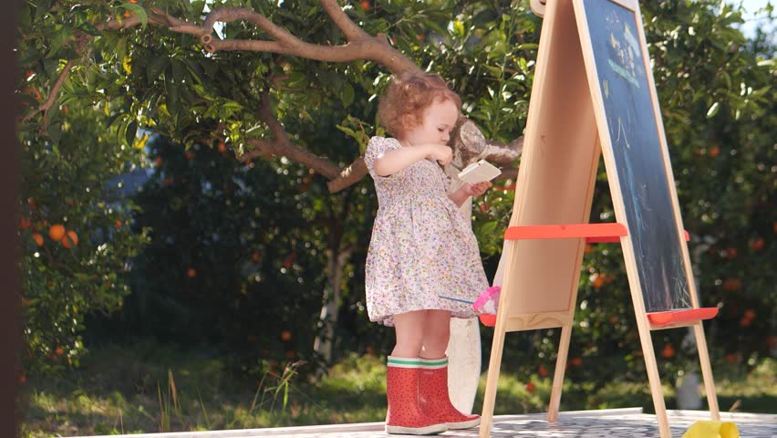 Little baby girl wearing red rain boots paints on easel in orange garden