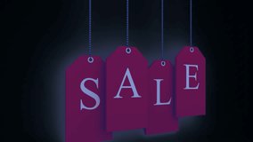Animation of sale on tags over glitter on black background. trade, shopping, sales and promotions concept digitally generated video.