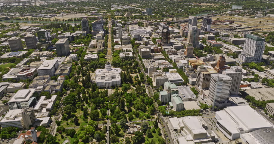 Sacramento City California Aerial v10 birds eye view drone flyover state capitol park featuring neoclassical building structure and downtown cityscape at daytime - Shot with Mavic 3 Cine - June 2022