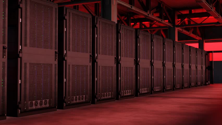 Red light flicking on and off in warehouse with server farm - emergency event Royalty-Free Stock Footage #1100065103