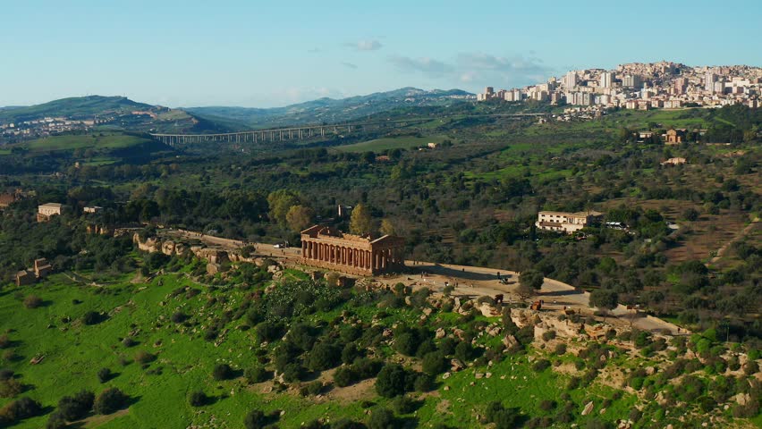 Aerial View Temple Of Concordia In the Valle dei Templi in Agrigento. Dolly Back, Tilt Up