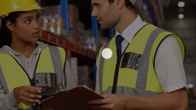 Animation of network of connections with icons over diverse warehouse workers. business, connections, technology and delivery services concept digitally generated video.