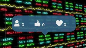 Animation of social media reactions over financial data on black digital screen. social media, communication, data processing and technology concept digitally generated video. - Powered by Shutterstock - Get 15% off with code: PIKWIZARD15