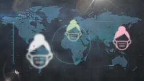 Animation of icons with face masks over world map on digital screen. global covid 19 pandemic, science and digital interface concept digitally generated video. - Powered by Shutterstock - Get 15% off with code: PIKWIZARD15