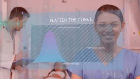 Animation of graph and flatten the curve over happy biracial female doctor. global covid 19 pandemic, medicine and health concept digitally generated video. - Powered by Shutterstock - Get 15% off with code: PIKWIZARD15
