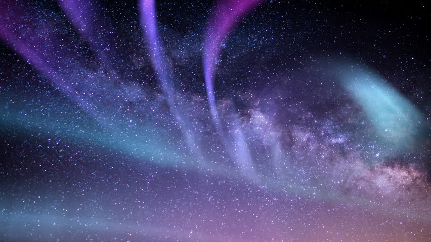 Aurora Purple Blue and Milky Way Galaxy Over Horizon Tilt Down | Shutterstock HD Video #1100068765