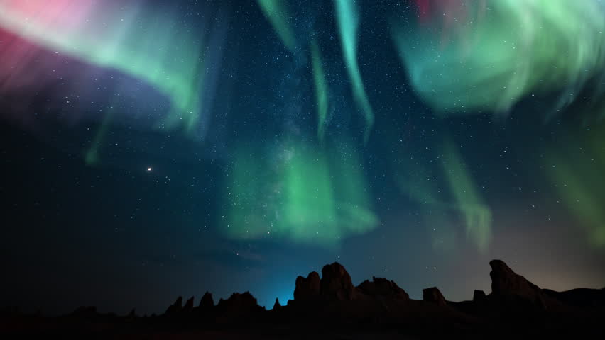 Aurora Green Purple Red and Milky Way Galaxy Trona Pinnacles Loop | Shutterstock HD Video #1100068767