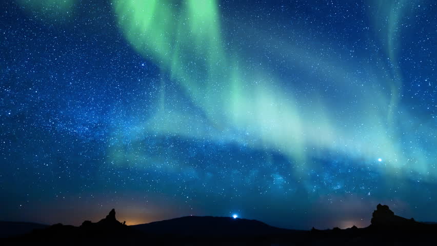 Aurora Green and Milky Way Galaxy Over Iceberg 14mm Pan R | Shutterstock HD Video #1100068769