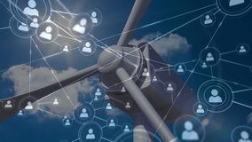 Animation of network of connections over wind turbine and sky. sustainability, ecology, renewable energy, connections and technology concept digitally generated video. - Powered by Shutterstock - Get 15% off with code: PIKWIZARD15