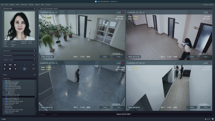 Playback office CCTV cameras on computer screen. Interface of AI program with facial recognition and personal profile with information about people. Security camera with face scanning system. Big data | Shutterstock HD Video #1100070129