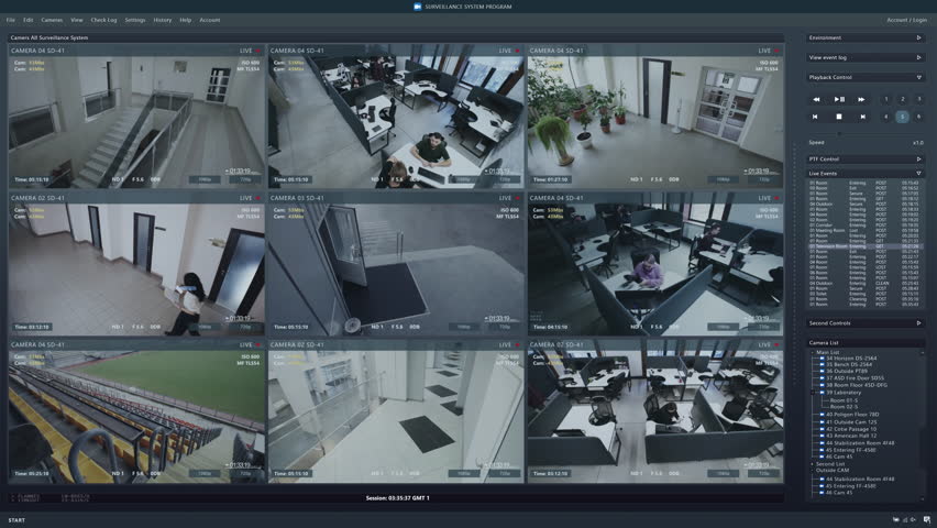 Playback CCTV cameras in office on computer screen. Surveillance interface with AI futuristic software and people recognition system. Security cameras. Concept of privacy, identification and tracking. | Shutterstock HD Video #1100070131