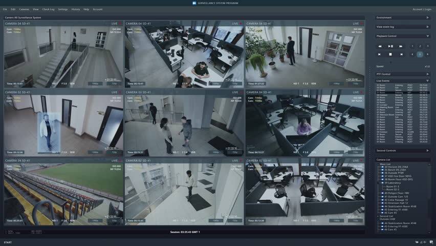 Playback CCTV cameras in office on computer screen. Surveillance interface with AI futuristic software and people recognition system. Security cameras. Concept of privacy, identification and tracking.