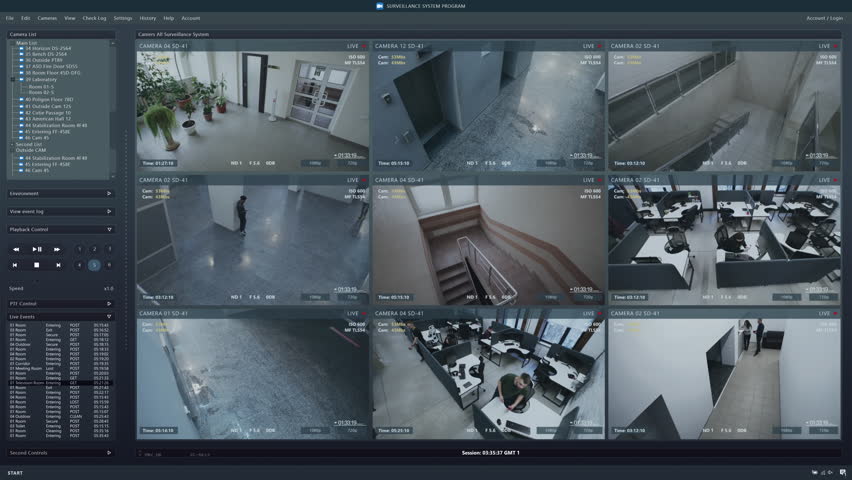 Playback CCTV cameras in office on computer screen. Surveillance interface with AI futuristic program and people recognition system. Security cameras. Concept of privacy, identification and tracking. Royalty-Free Stock Footage #1100070133
