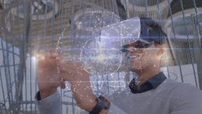 Animation of globe of connections over biracial man using vr headset. global technology, connections and digital interface concept digitally generated video.