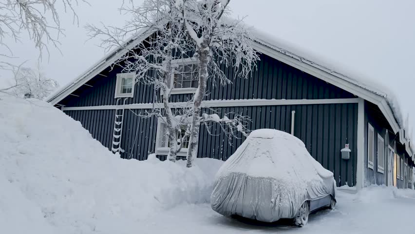 Shot of the small village Saariselka in Finland in winter. Sami village. Urho Kekkonen National Park. Kaunispää Triangulation Tower. Ski resorts. Walk in Saariselka. Frozen trees in Finland. Sunset.
