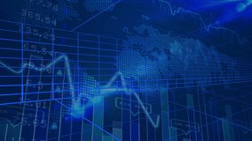 Digital animation of financial and stock market data processing over world map on blue background. global finance and economy concept - Powered by Shutterstock - Get 15% off with code: PIKWIZARD15
