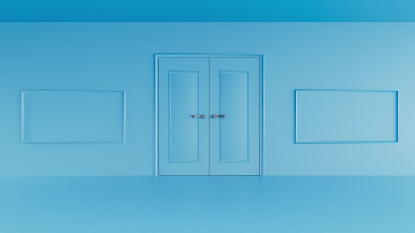 Doors open in a blue room and a bright shining light shines behind them, the camera moves into the doorway, 3d render Royalty-Free Stock Footage #1100075199