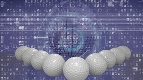 Animation of golf balls over binary coding and globe. global sport and digital interface concept digitally generated video.
