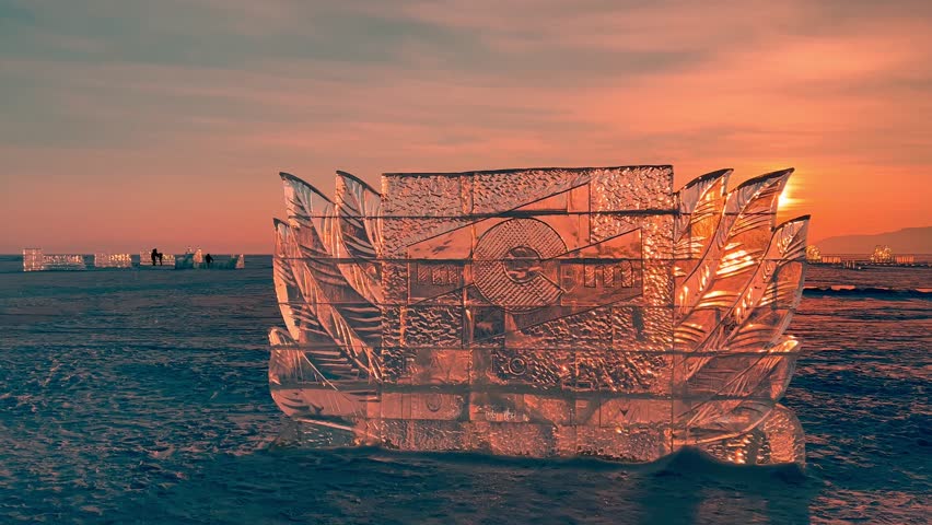 Ice sculptures on frozen winter lake Baikal, Siberia, Russia at dawn. Winter landscape. Winter abstract background. . High quality 4k footage Royalty-Free Stock Footage #1100077553