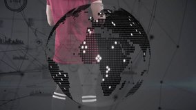 Animation of data processing and globe over caucasian male american football player with ball. global sport and digital interface concept digitally generated video.