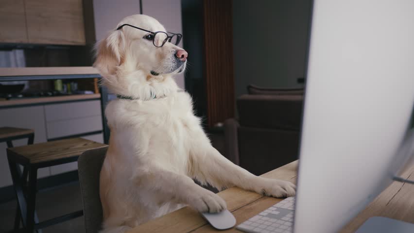 Golden retriever Labrador dog in glasses sitting on chair holding mouse in paw using computer PC looking on screen. Funny dog acting like human doing some business learning study online webinar Royalty-Free Stock Footage #1100085183