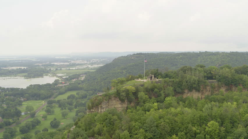 Aerial, Grandad Bluff peak at La Crosse Wisconsin, overcast day